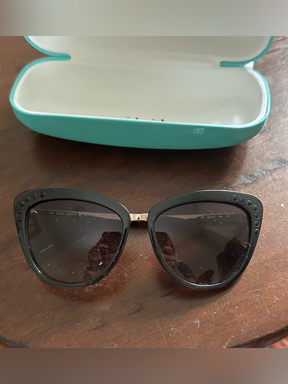 Kate Spade Black Cat-Eye Sunglasses with Gold Bridge and Stud Detail